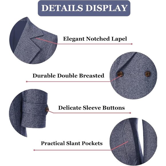 Mens Blue for Long Jackets Warm Peacoat Men's Double Overcoat Trench Coats - Picture 3 of 7